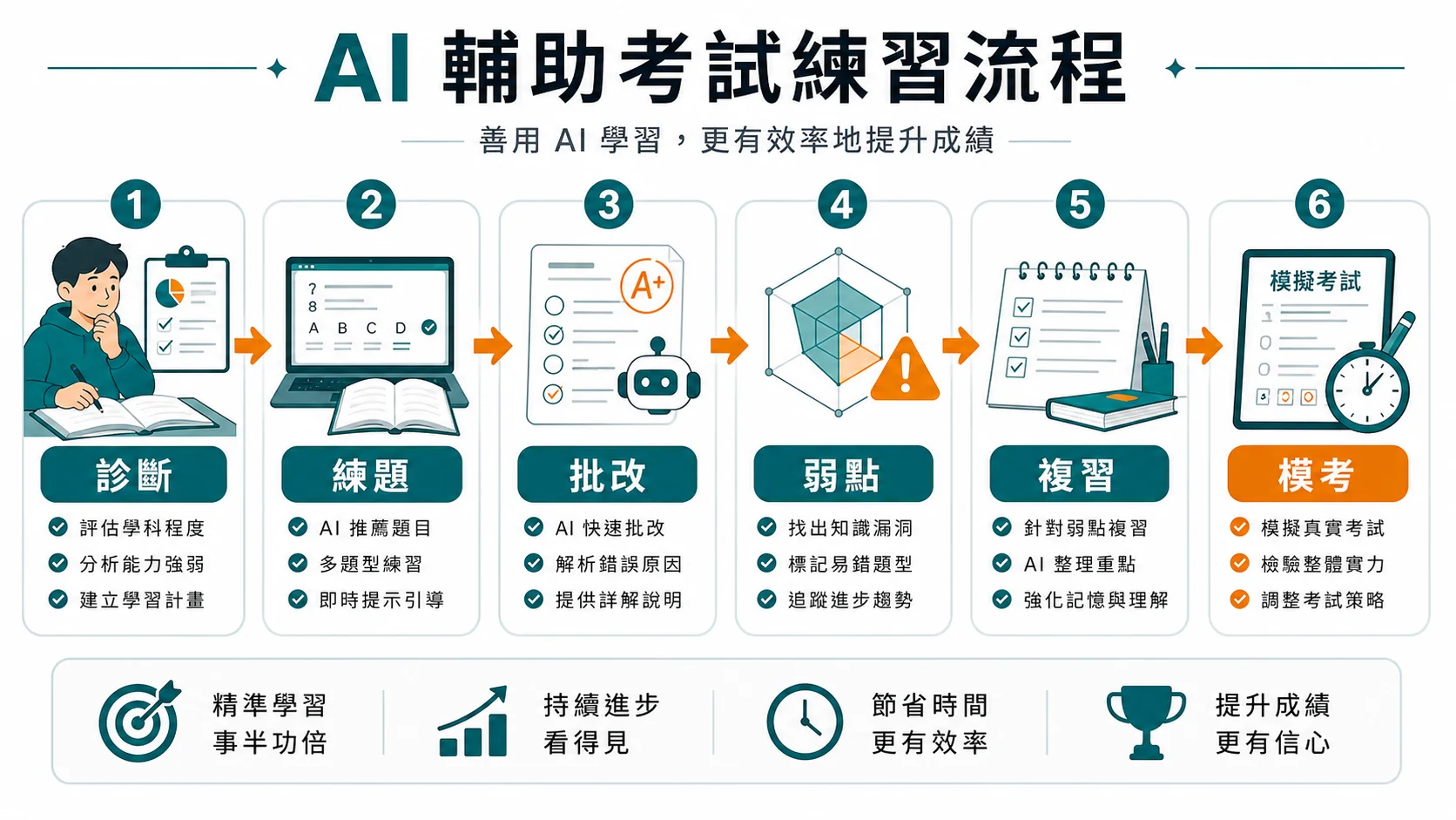 AI 輔助台灣學生考試練習從診斷、練題、批改、弱點、複習到模考的流程圖