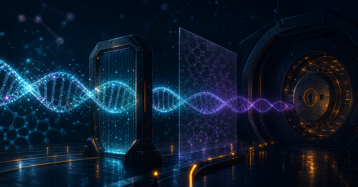 DNA/RNA 合成訂單通過安全掃描、客戶驗證與紀錄保存閘門的深色 AI 生物安全示意圖