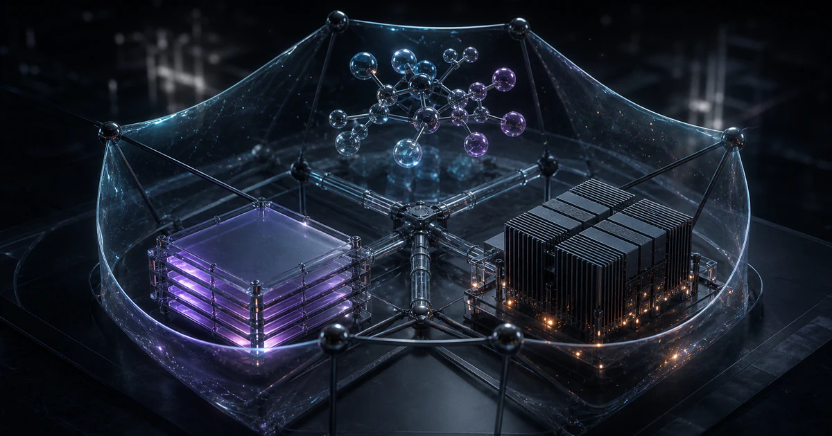 深色科研 AI 實驗室中，分子模型、可重現筆記堆疊與小型運算叢集被透明資料邊界連接，象徵研究工作台同時處理算力與敏感資料紅線