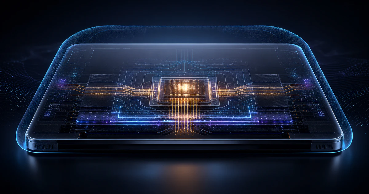 深色 AI 裝置 editorial 風格：筆電硬體輪廓內嵌本機 AI 核心、記憶體格網與隱私邊界，象徵 Gemini Intelligence 的 AI 筆電方向
