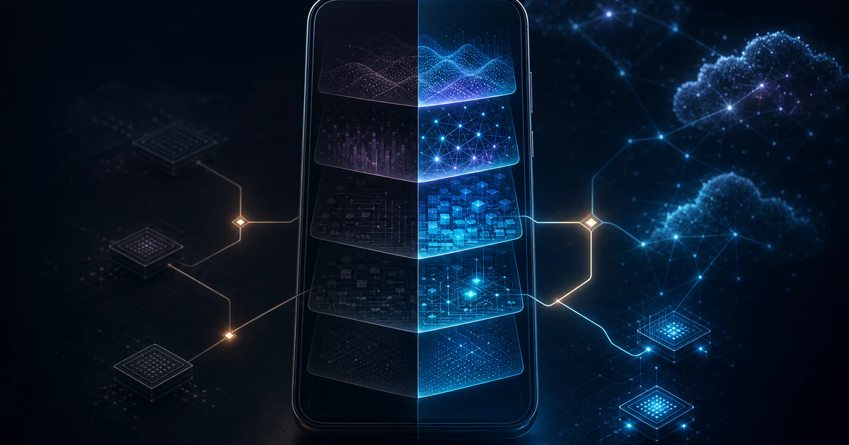 深色多層 AI 模組與安全核心，象徵 iOS 27 的分層裝置支援、Siri AI 與本機智慧限制