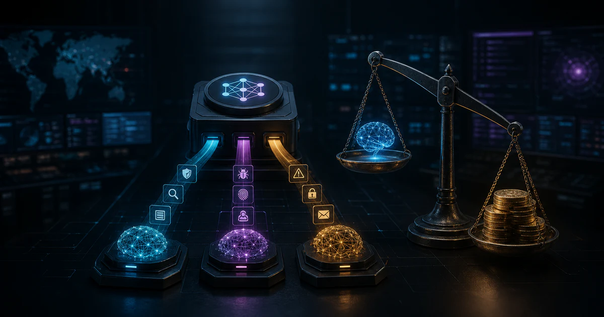 深色 editorial 風格封面:一個 model router 路由器把資安任務分派到微軟、OpenAI、Anthropic 三條模型線,天秤一側寫著能力、一側寫著成本,重心正倒向成本那邊