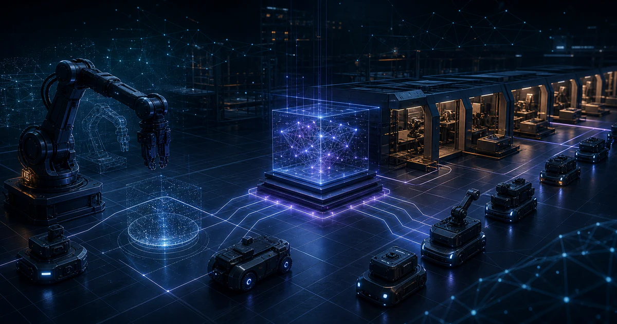 黑色人形機器人在訓練環與工廠場景中校準，呈現 physical AI 從募資走向量產