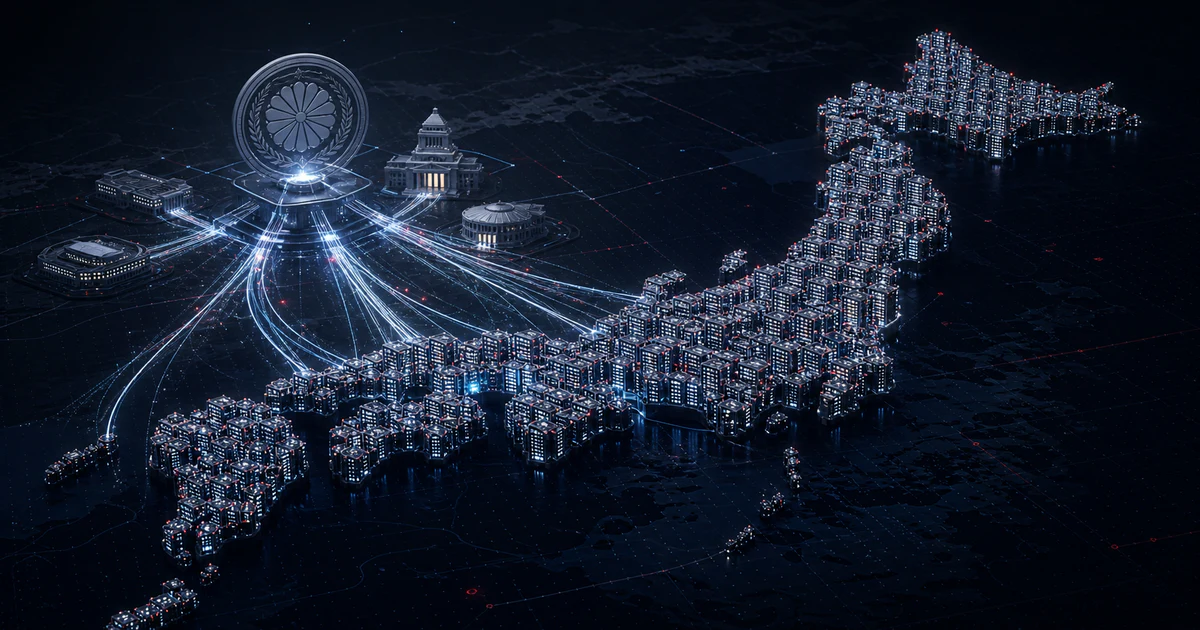 深色 editorial 風格封面:日本列島輪廓上矗立一座巨大的 AI 工廠機櫃陣列,發光的算力光束連向政府印信,象徵國家級主權 AI 基礎設施