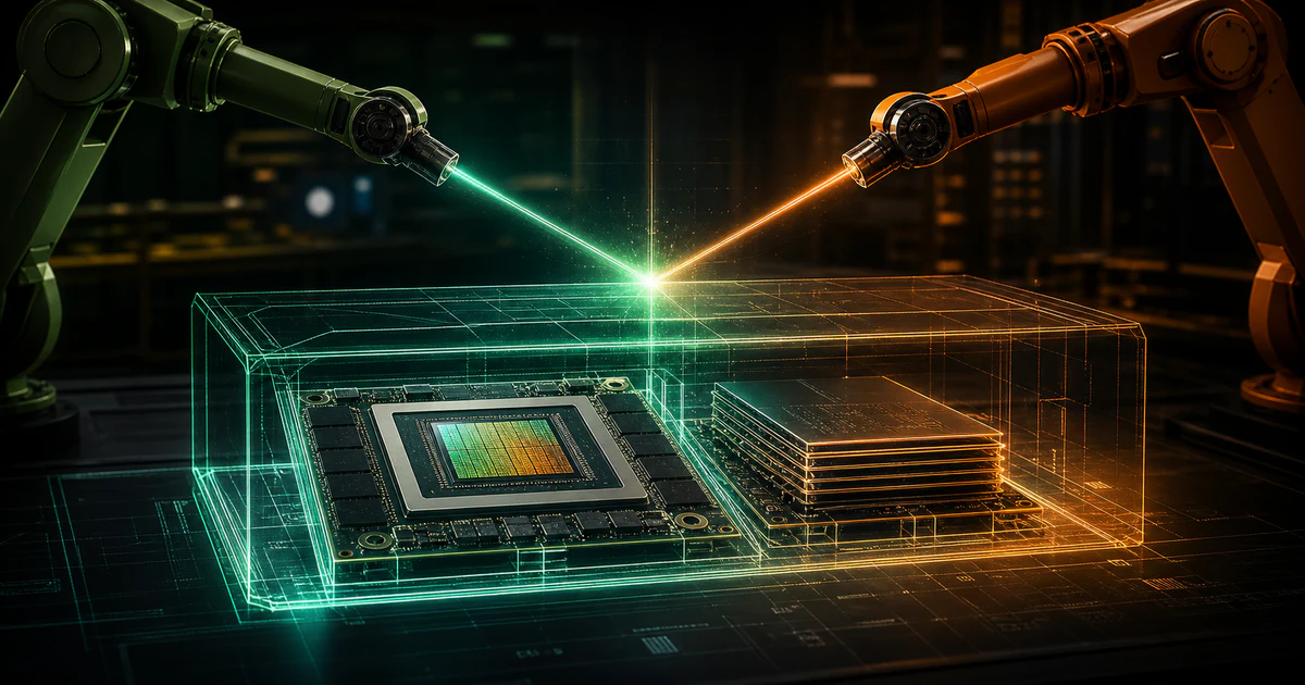 深色 editorial 風格封面：一顆 GPU 與一疊 HBM 記憶體被同一條設計藍圖包圍，兩端各有輝達與韓國的光束交會，象徵從供貨關係升級為共同設計