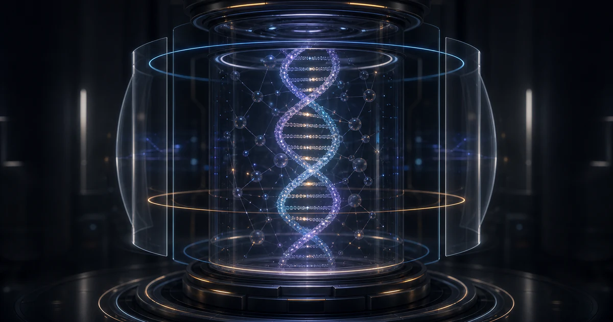 深色生科 AI 實驗艙中，DNA 螺旋被多層安全閘與感測環保護