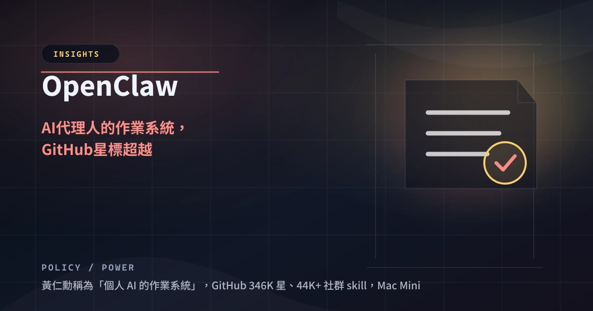 OpenClaw 主視覺：開源 AI 代理人作業系統，展示 Gateway / Agent / Skills 三層架構，GitHub 346K 星、44K+ 社群 skill、黃仁勳稱為個人 AI 的作業系統