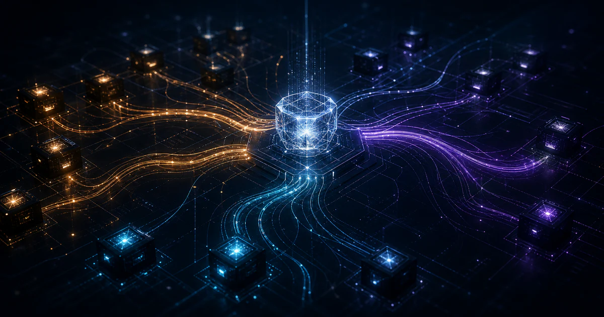 黑色模型路由樞紐將請求分流到不同運算核心，呈現 AI API 成本、效能與備援取捨