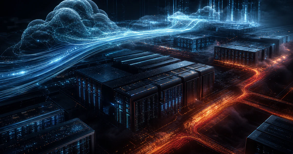 黑色資料中心天平把合約積木與 GPU 伺服器放在兩端，呈現 AI 雲端訂單與資本支出的拉扯