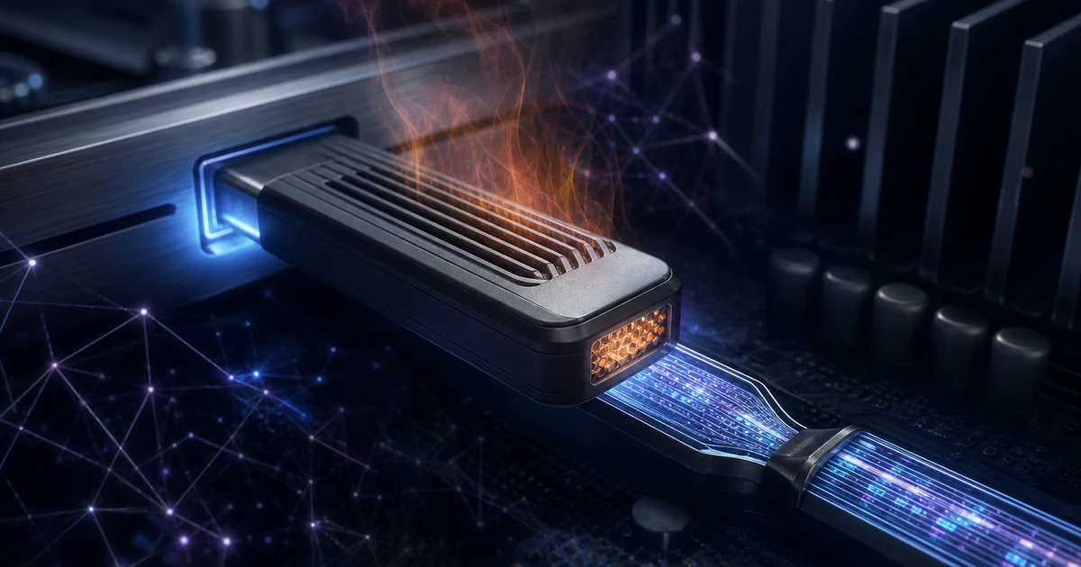 深色工作台上的小型 USB AI 加速模組接上發光資料軌，旁有散熱與頻寬瓶頸光帶
