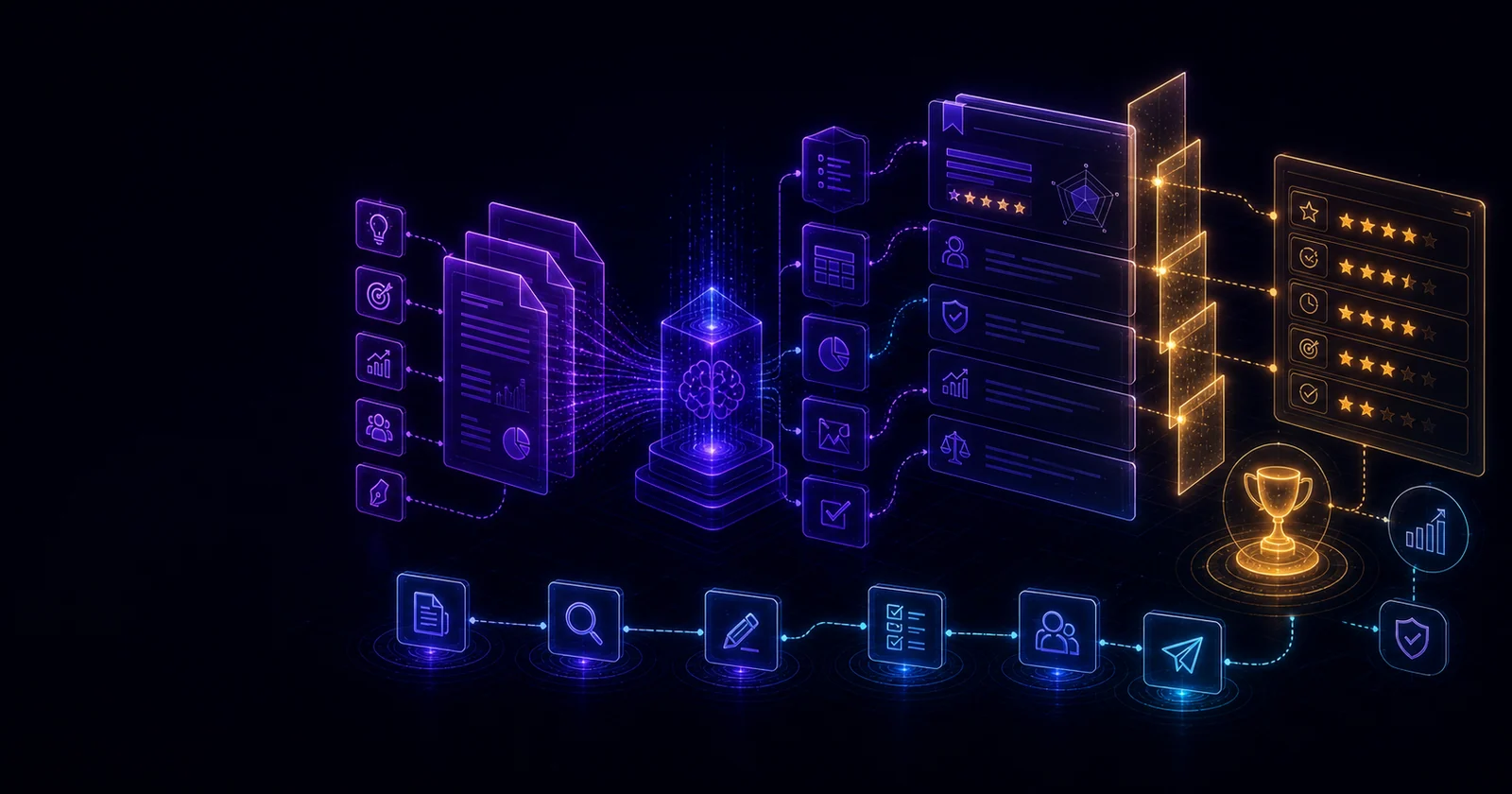 中小企業準備 SBIR、SIIR 與數位轉型補助時，用 AI 整理素材、檢查 KPI 與送件風險的深色流程圖