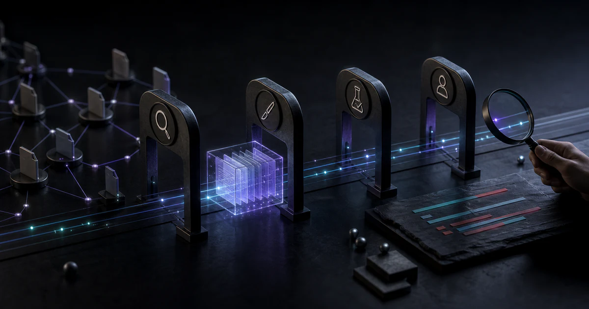 A dark premium AI lab scene showing a small code repository capsule moving through inspect, edit, test, and review gates without readable fake UI text