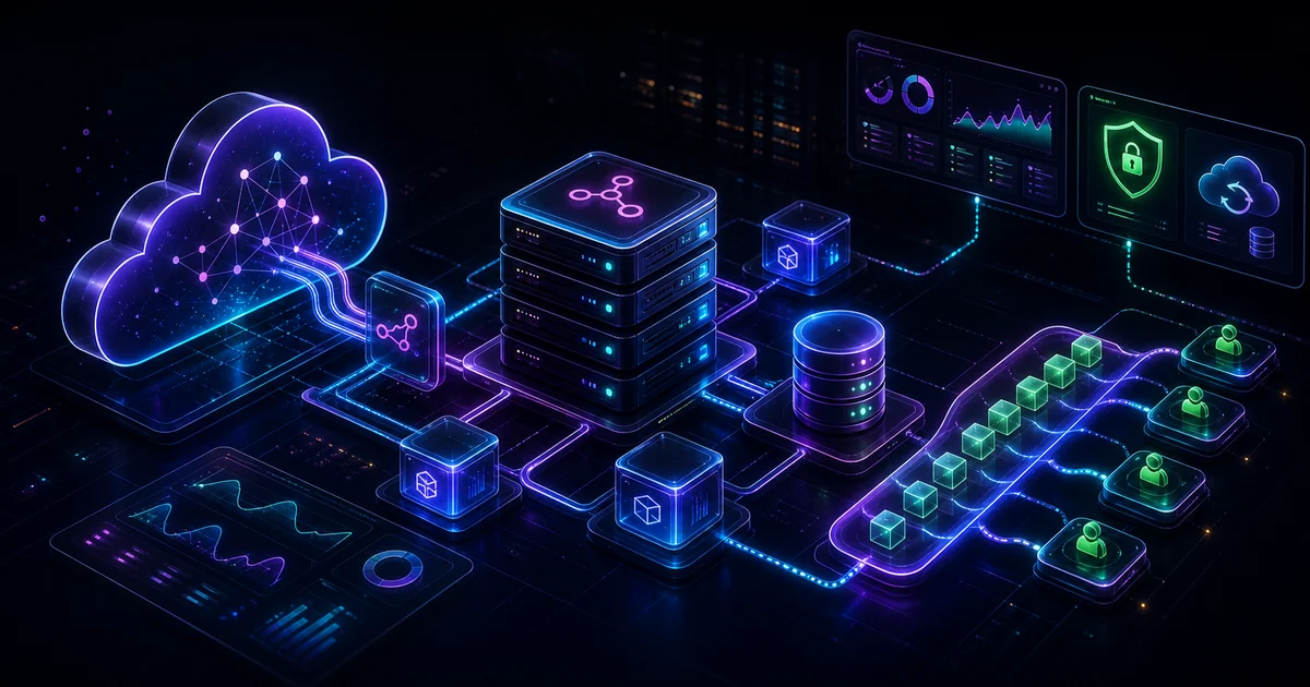 深色霓虹風格的 n8n 自架部署架構圖，呈現 Cloud、VPS、容器、資料庫與 Queue mode